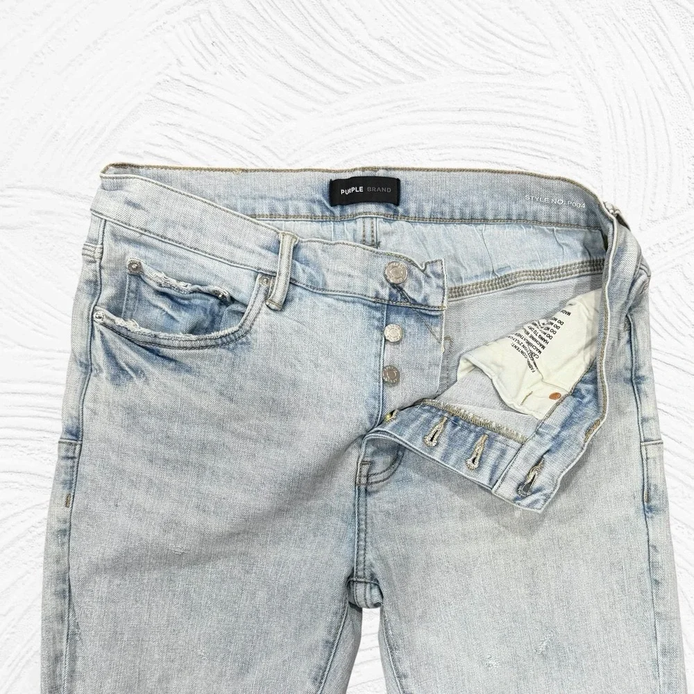PURPLE BRAND P004 Slim Low Rise Stretch Jeans Distressed Light Wash 33X33